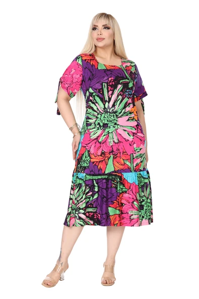 Melsay Butik Karışık Renkli Desen Kolları Bağlamalı Kısa Kollu Elbise - 3