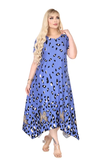 Melsay Butik Mavi Sulu Leopar Desen Asimetrik Kısa Kollu Elbise - Resim 4