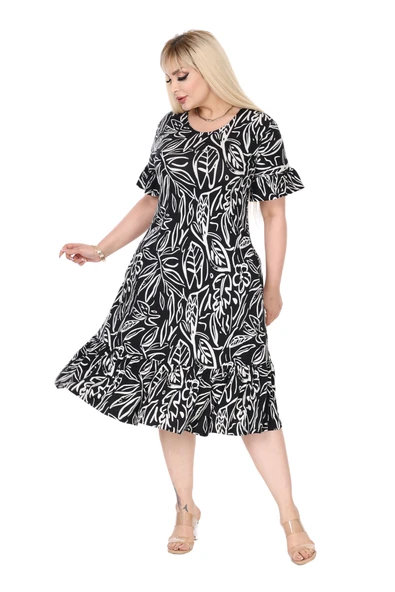Melsay Butik Kadın Büyük Beden Eteği Fırfırlı Siyah Yaprak Desen Cepli Elbise - Resim 2
