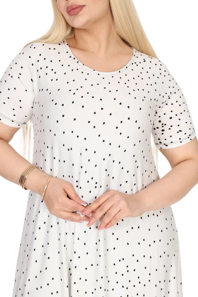 Melsay Butik Beyaz Puanlı Eteği Leopar Desen Asimetrik Kısa Kollu Elbise - 4