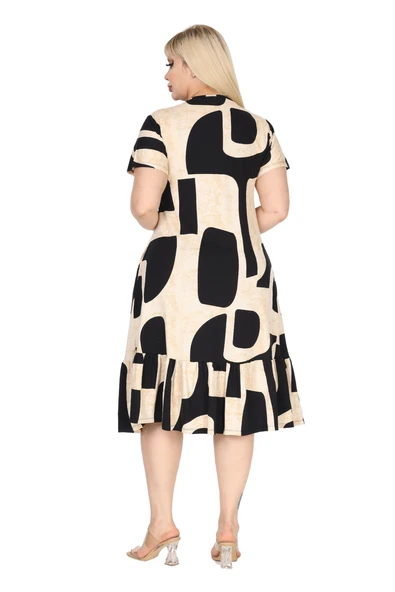 Melsay Butik Göğüsten Robalı V Yaka Kısa Kollu Bej Geometrik Desen Cepli Elbise - Resim 6