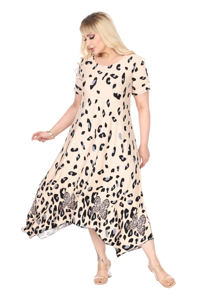 Melsay Butik Bej Sulu Leopar Desenli Asimetrik Kısa Kollu Elbise - 4