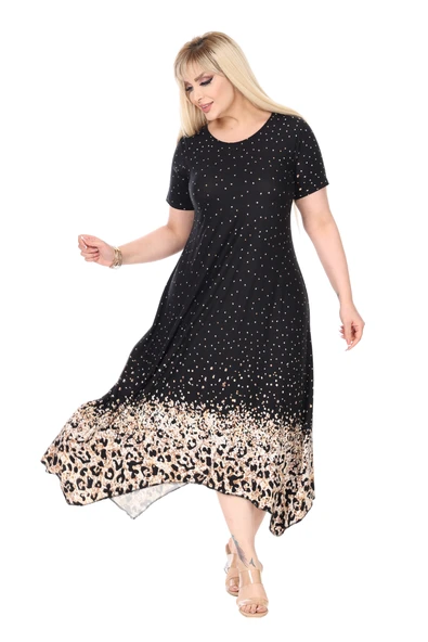Melsay Butik Siyah Puanlı Eteği Leopar Desen Asimetrik Kısa Kollu Elbise - 2