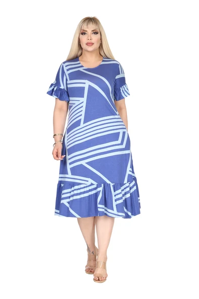 Melsay Butik Kadın Büyük Beden Eteği Fırfırlı Mavi Çizgili Desen Cepli Elbise ürün görseli