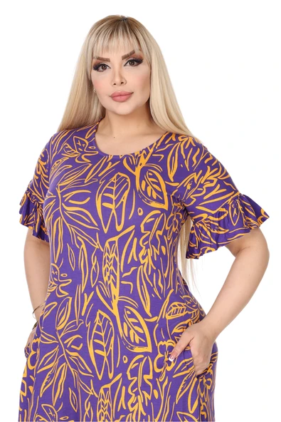 Melsay Butik Kadın Büyük Beden Eteği Fırfırlı Mor Yaprak Desen Cepli Elbise - 3