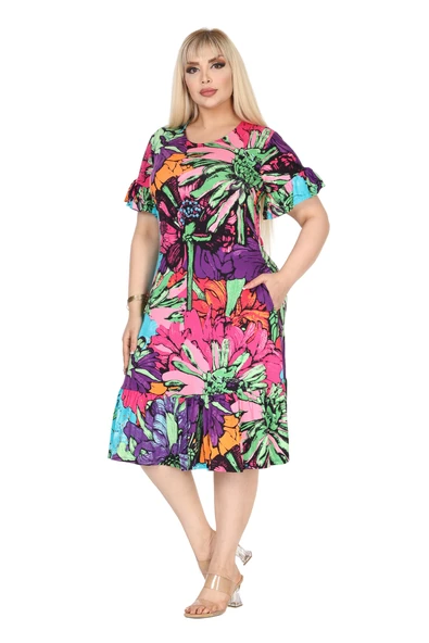 Melsay Butik Kadın Büyük Beden Eteği Fırfırlı Karışık Renkli Desen Cepli Elbise