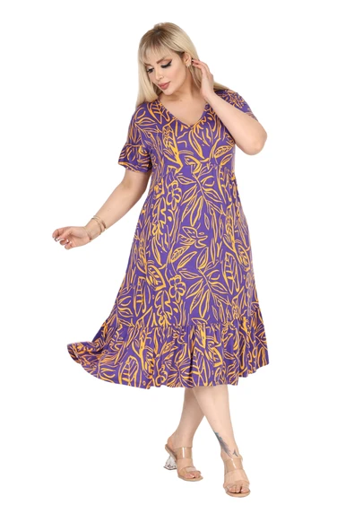 Melsay Butik Göğüsten Robalı V Yaka Kısa Kollu Mor Yaprak Desen Cepli Elbise - Resim 3