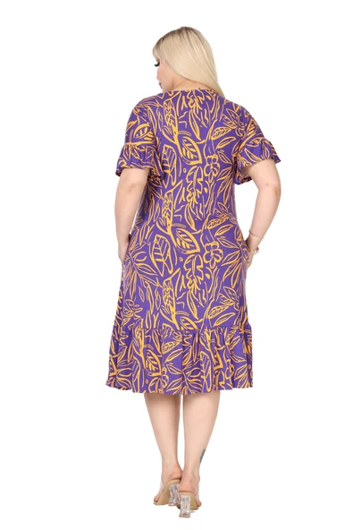 Melsay Butik Kadın Büyük Beden Eteği Fırfırlı Mor Yaprak Desen Cepli Elbise - 6