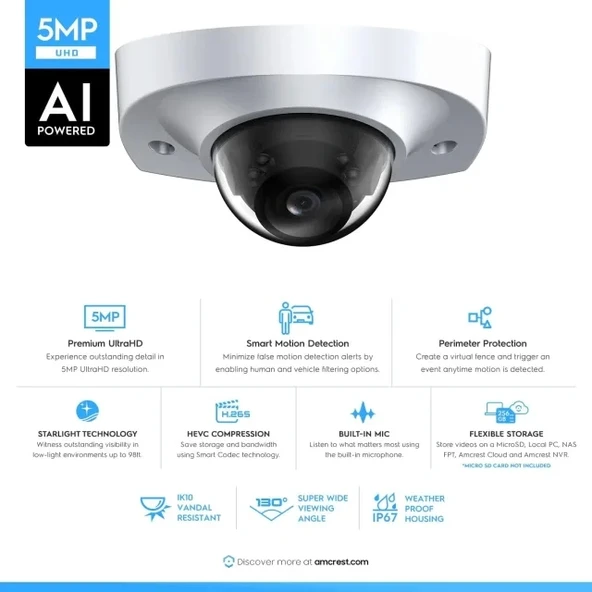 Amcrest 5 Megapiksel Wedge IP PoE AI 20fps Kamera Beyaz - 2