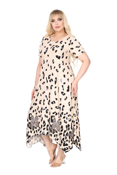 Melsay Butik Bej Sulu Leopar Desenli Asimetrik Kısa Kollu Elbise - 2