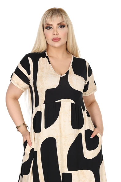 Melsay Butik Göğüsten Robalı V Yaka Kısa Kollu Bej Geometrik Desen Cepli Elbise - Resim 2