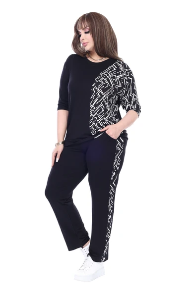 Melsay Butik Siyah Truvakar Kol Yarım Zigzag Garnili Viskon Büyük Beden Takım - Resim 2
