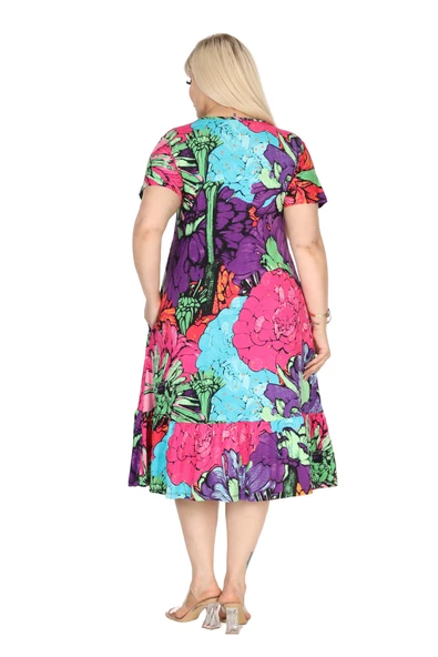 Melsay Butik Göğüsten Robalı V Yaka Kısa Kollu Karışık Renkli Desen Cepli Elbise - Resim 6