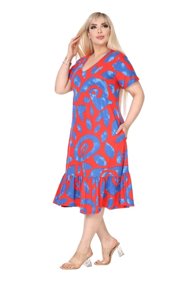 Melsay Butik Göğüsten Robalı V Yaka Kısa Kollu Pembe Nazar Desenli Cepli Elbise - Resim 2