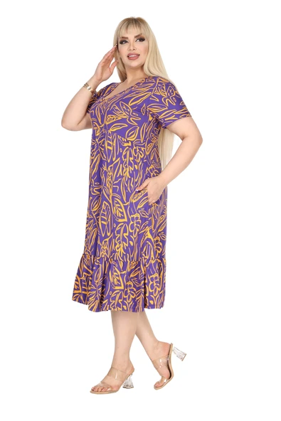 Melsay Butik Göğüsten Robalı V Yaka Kısa Kollu Mor Yaprak Desen Cepli Elbise - Resim 4