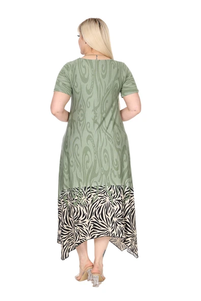 Melsay Butik Haki Eteği Çizgili Desen Asimetrik Kısa Kollu Elbise - Resim 6