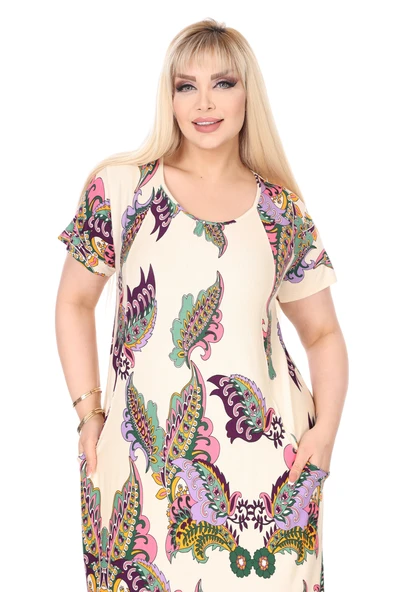 Melsay Butik Krem Şal Desen Kuplu Cepli Kısa Kol Kadın Midi Elbise - Resim 4