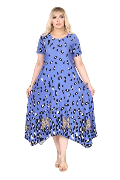 Melsay Butik Mavi Sulu Leopar Desen Asimetrik Kısa Kollu Elbise ürün görseli