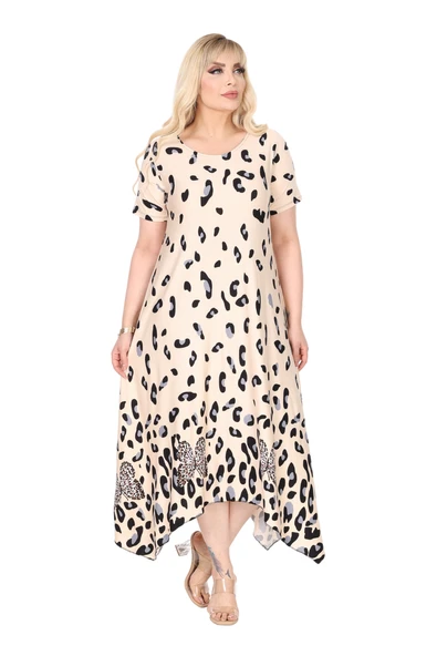 Melsay Butik Bej Sulu Leopar Desenli Asimetrik Kısa Kollu Elbise - 3