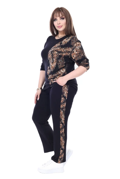 Melsay Butik Siyah Truvakar Kol Yarım Başak Garnili Viskon Büyük Beden Takım - 4