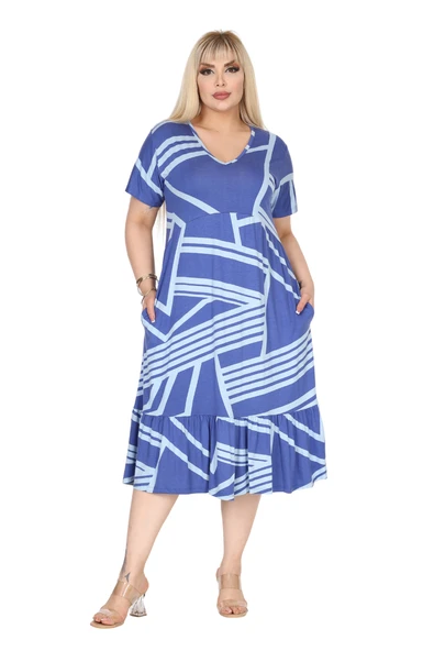 Melsay Butik Göğüsten Robalı V Yaka Kısa Kollu Mavi Çizgili Desen Cepli Elbise ürün görseli