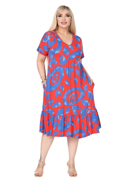 Melsay Butik Göğüsten Robalı V Yaka Kısa Kollu Pembe Nazar Desenli Cepli Elbise - Resim 3