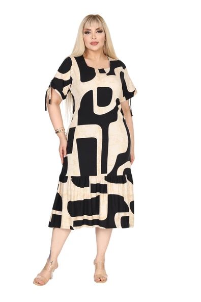 Melsay Butik Bej Geometrik Desen Kolları Bağlamalı Kısa Kollu Elbise - Resim 4