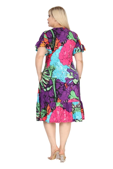 Melsay Butik Kadın Büyük Beden Eteği Fırfırlı Karışık Renkli Desen Cepli Elbise - Resim 6