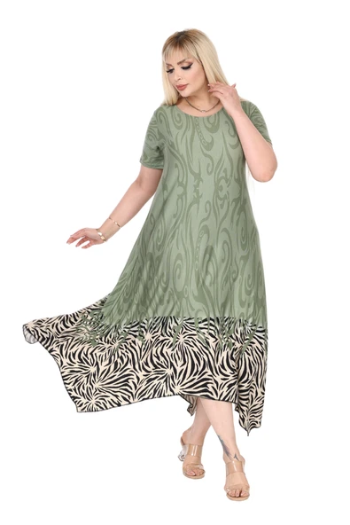 Melsay Butik Haki Eteği Çizgili Desen Asimetrik Kısa Kollu Elbise - Resim 2