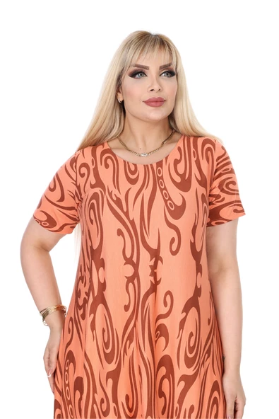 Melsay Butik Turuncu Eteği Çizgili Desen Asimetrik Kısa Kollu Elbise - 2