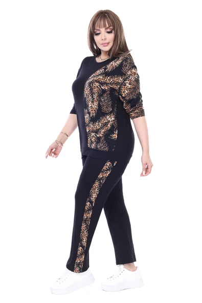 Melsay Butik Siyah Truvakar Kol Yarım Başak Garnili Viskon Büyük Beden Takım - 3