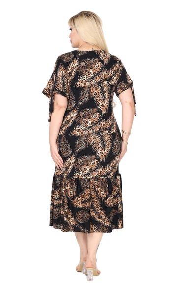 Melsay Butik Siyah Başak Desen Kolları Bağlamalı Kısa Kollu Elbise - 6