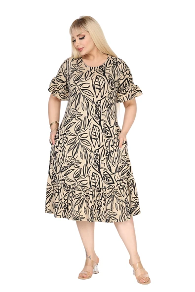 Melsay Butik Kadın Büyük Beden Eteği Fırfırlı Bej Yaprak Desen Cepli Elbise - Resim 3