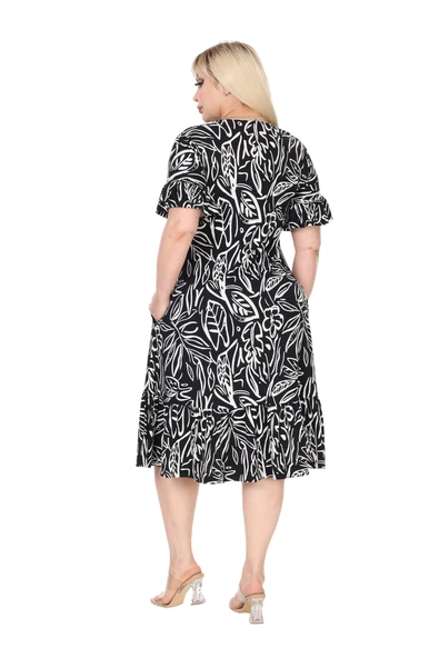 Melsay Butik Kadın Büyük Beden Eteği Fırfırlı Siyah Yaprak Desen Cepli Elbise - Resim 6
