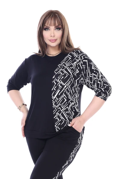 Melsay Butik Siyah Truvakar Kol Yarım Zigzag Garnili Viskon Büyük Beden Takım - Resim 3