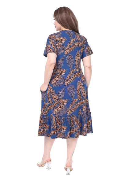 Melsay Butik Göğüsten Robalı V Yaka Kısa Kollu Lacivert Başak Desen Cepli Elbise - Resim 5