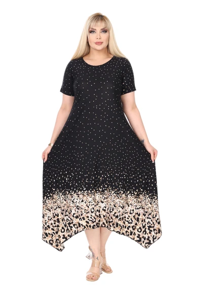 Melsay Butik Siyah Puanlı Eteği Leopar Desen Asimetrik Kısa Kollu Elbise