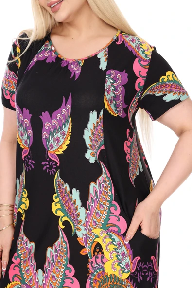 Melsay Butik Siyah Şal Desen Kuplu Cepli Kısa Kol Kadın Midi Elbise - 5