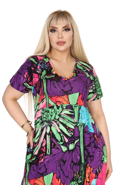 Melsay Butik Göğüsten Robalı V Yaka Kısa Kollu Karışık Renkli Desen Cepli Elbise - Resim 5