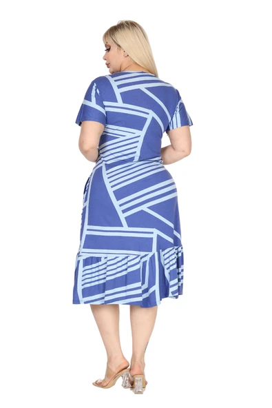 Melsay Butik Göğüsten Robalı V Yaka Kısa Kollu Mavi Çizgili Desen Cepli Elbise - Resim 6