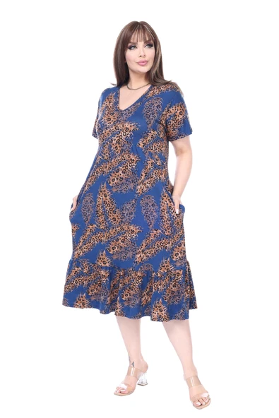 Melsay Butik Göğüsten Robalı V Yaka Kısa Kollu Lacivert Başak Desen Cepli Elbise - Resim 2