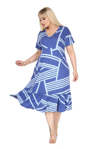 Melsay Butik Göğüsten Robalı V Yaka Kısa Kollu Mavi Çizgili Desen Cepli Elbise - Resim 4