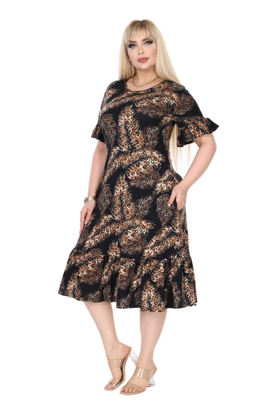 Melsay Butik Siyah Başak Desen Büyük Beden Eteği Fırfırlı Cepli Elbise - Resim 4