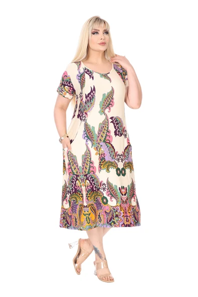 Melsay Butik Krem Şal Desen Kuplu Cepli Kısa Kol Kadın Midi Elbise - Resim 3