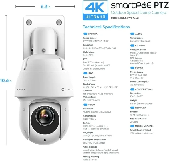 Amcrest 8MP Dış Mekan PTZ POE IP Kamera ve Pant Tilt Zoom - 8