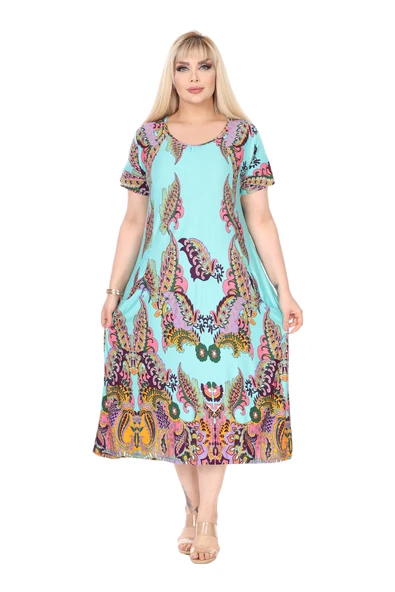 Melsay Butik Turkuaz Şal Desen Kuplu Cepli Kısa Kol Kadın Midi Elbise ürün görseli