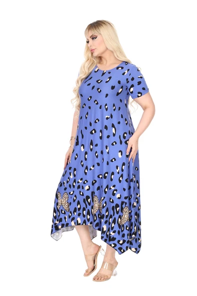 Melsay Butik Mavi Sulu Leopar Desen Asimetrik Kısa Kollu Elbise - Resim 3