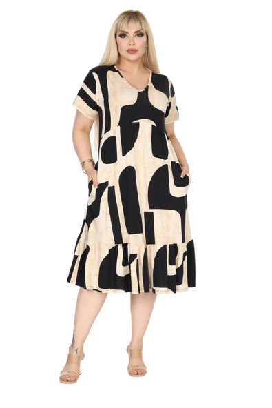 Melsay Butik Göğüsten Robalı V Yaka Kısa Kollu Bej Geometrik Desen Cepli Elbise - Resim 5