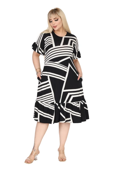 Melsay Butik Kadın Büyük Beden Eteği Fırfırlı Siyah Çizgili Desen Cepli Elbise - Resim 3