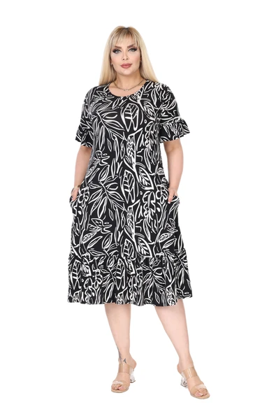Melsay Butik Kadın Büyük Beden Eteği Fırfırlı Siyah Yaprak Desen Cepli Elbise - Resim 5